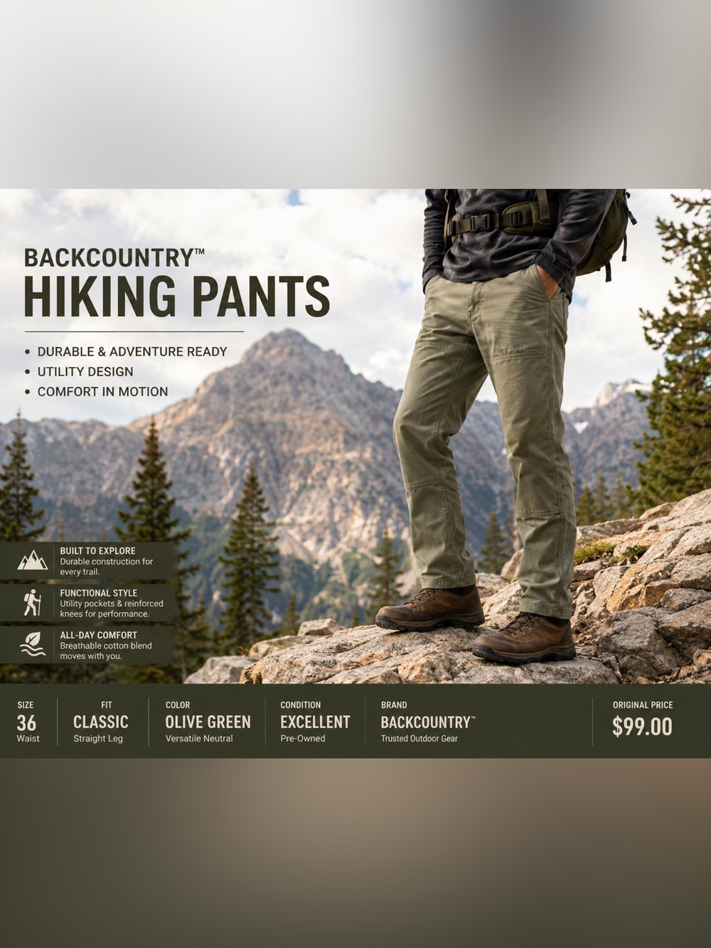 Backcountry Men’s 36 Olive Double Knee Hiking Work Utility Outdoor Pants